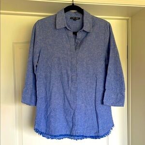Boho Chic Linen Blend Blouse Top Tunic W’s M Lagenlook Beach Blue Raw Hem Cotton